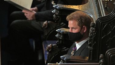 El príncipe Harry asiste al funeral de su abuelo, el príncipe Felipe&nbsp;el sábado 17 de abril.&nbsp;