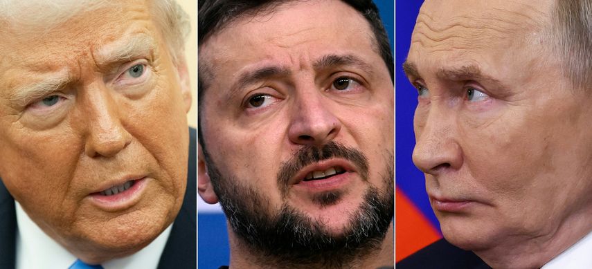 Esta combinación de imágenes creada el 12 de febrero de 2025 muestra (de izq. a der.) al presidente de Estados Unidos, Donald Trump, en Washington, D.C., el 11 de febrero de 2025, al presidente de Ucrania, Volodymyr Zelenski, en Bruselas, el 19 de diciembre de 2024, y al dictador ruso, Vladimir Putin, en Moscú, el 17 de enero de 2025