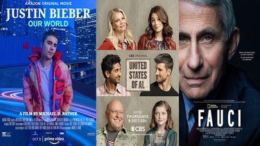En esta combinación de fotos, el arte promocional de Justin Bieber: Our World, que se estrena el 8 de octubre en Amazon Prime, la serie de comedia United States of Al, cuya segunda temporada comienza el jueves en CBS, y el documental Fauci, disponible en Disney+.