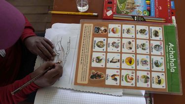 &nbsp; Un alumno colorea una zorra durante una clase de lengua indígena quechua centrada en nombres de animales, el miércoles 1 de septiembre de 2021, en una primaria pública de Licapa, Perú.&nbsp;