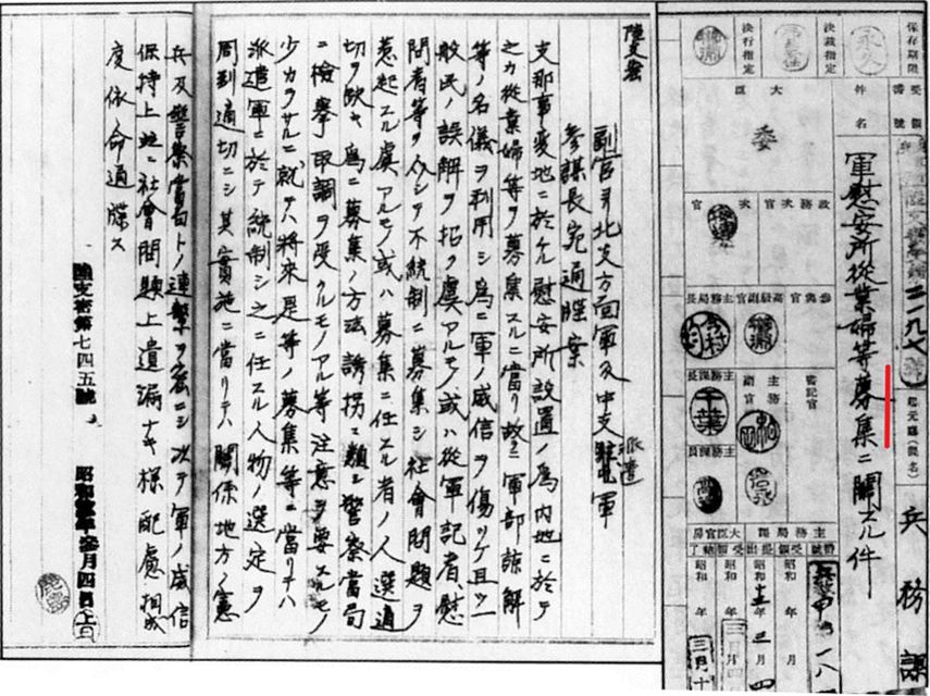 El mandato de reclutamiento de mujeres, escrito por la autoridad japonesa, 4 de marzo de 1938.