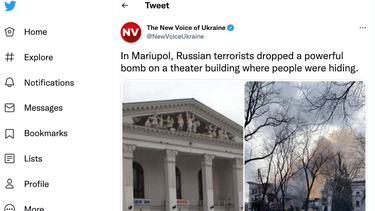 Captura de pantalla que muestra el Teatro Dramático Mariúpol en Mariúpol, Ucrania, antes y después del ataque ruso el 16 de marzo de 2022.&nbsp;