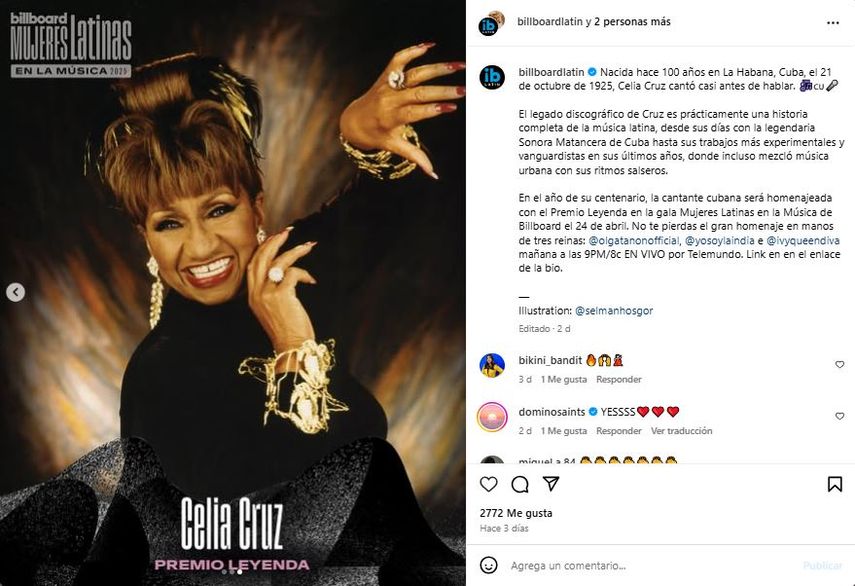 Celia Cruz es reconocida en la edición 2025 de Billboard Mujeres Latinas en la Música.