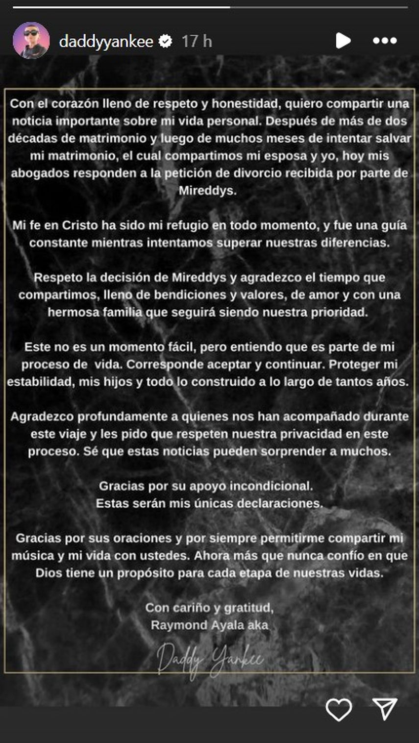 Comunicado de Daddy Yankee sobre proceso de divorcio de Mireddys.