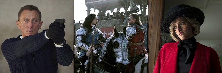 Daniel Craig en una escena de No Time To Die, Adam Driver y Matt Damon en una escena de The Last Duel y Kristen Stewart en una escena de Spencer.