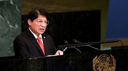 El canciller de la dictadura de Nicaragua, Denis Moncada, se dirige al 77º período de sesiones de la Asamblea General de las Naciones Unidas el lunes 26 de septiembre de 2022, en la sede de la ONU.&nbsp;