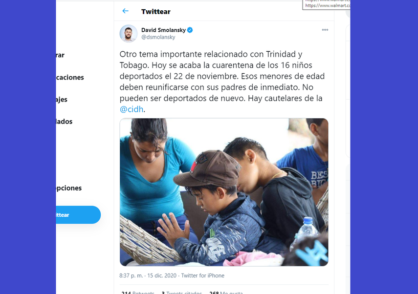 Publicación de David Smolasky sobre niños deportado por Trinidad y Tobago.&nbsp;