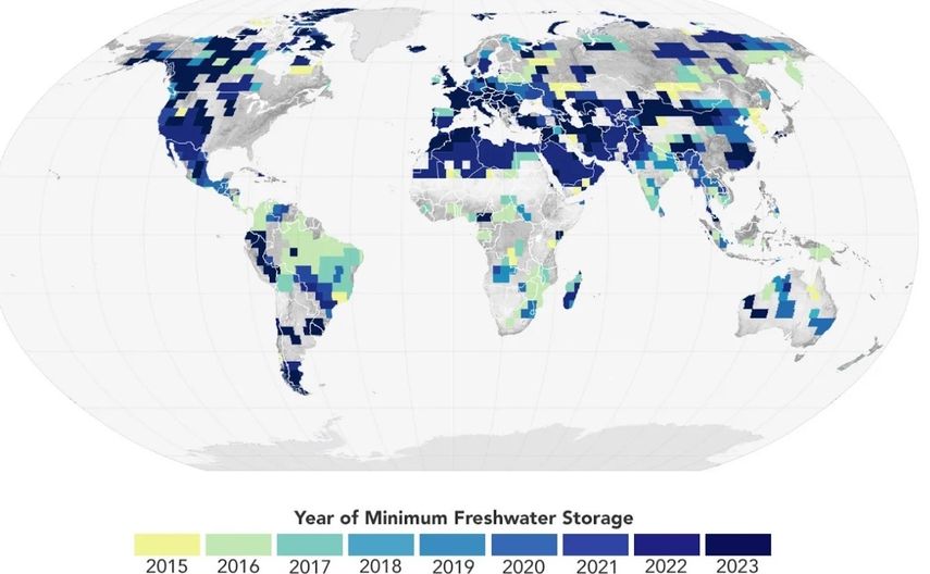 Este mapa muestra los años en que el almacenamiento de agua terrestre alcanzó un mínimo de 22 años (es decir, la tierra estaba más seca) en cada ubicación, según datos de los satélites GRACE y GRACE/FO.&nbsp;