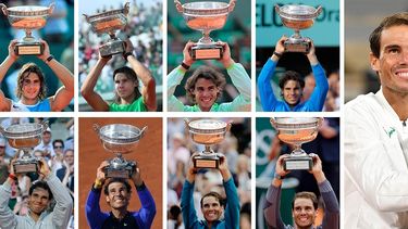 Esta combinaci&oacute;n de im&aacute;genes creada el 11 de octubre de 2020 muestra al espa&ntilde;ol Rafael Nadal posando con la Copa Mousquetaires (Los Mosqueteros) durante sus trece victorias en el Abierto de Tenis de Francia masculino en el estadio de Roland Garros. Nadal posa con sus trofeos (de arriba a abajo) el 5 de junio de 2005; el 11 de junio de 2006; el 10 de junio de 2007; el 8 de junio de 2008; el 6 de junio de 2010; el 5 de junio de 2011; el 11 de junio de 2012; el 9 de junio de 2013; el 8 de junio de 2014 y el 11 de junio de 2017, el 10 de junio de 2018, el 9 de junio de 2019 y el 11 de octubre de 2020.&nbsp;