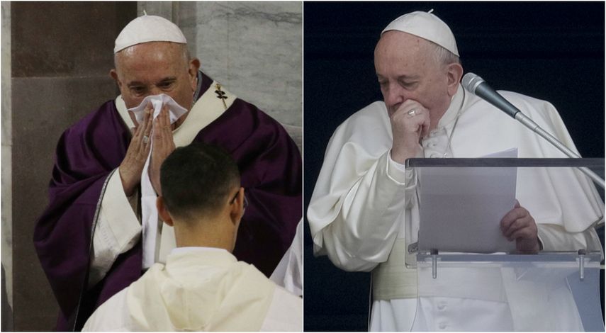 A la izquierda, el&nbsp;papa Francisco se limpia la nariz mientras celebra la misa del Mi&eacute;rcoles de Ceniza, el mi&eacute;rcoles 26 de febrero de 2020. A la derecha,&nbsp;el&nbsp;Papa tose mientras recita la plegaria del Angelus desde la ventana de su estudio, en el Vaticano, el domingo 1 de marzo de 2020.