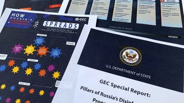 Esta fotograf&iacute;a muestra unas p&aacute;ginas de un informe del Centro de Participaci&oacute;n Global del Departamento de Estado, publicado el mi&eacute;rcoles 5 de agosto de 2020, sobre la forma en que Rusia difunde desinformaci&oacute;n.&nbsp;