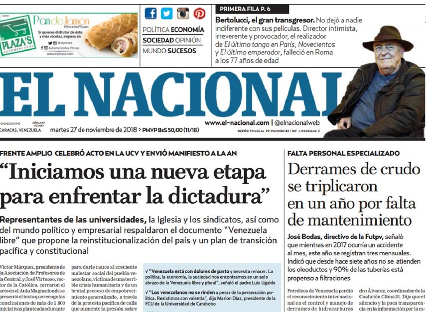 Portada de El Nacional del 27 de noviembre de 2018.&nbsp;