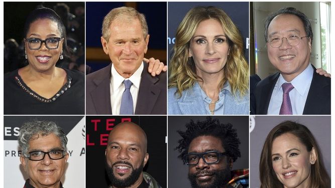 En esta combinaci&oacute;n de fotos, arriba, de izquierda a derecha, la magnate de los medios Oprah Winfrey, el expresidente George W. Bush, la actriz Julia Robert y el m&uacute;sico Yo-Yo Ma, y abajo, el gur&uacute; Deepak Chopra, el rapero Common, el m&uacute;sico Questlove y la actriz Jennifer Garner, quienes participar&aacute;n en un evento en vivo de 24 horas: Call to Unite.
