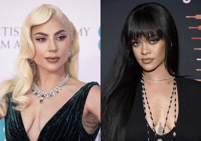 Lady Gaga en la 75a entregade los Premios de la Academia Británica de Cine (BAFTA) en Londres el 13 de marzo de 2022, izquierda, y Rihanna en su la premiere de su desfile Savage X Fenty Vol. 3 en Nueva York el 22, de septiembre de 2021. Ambas cantantes están nominadas al Óscar en la categoría mejor canción original.&nbsp;