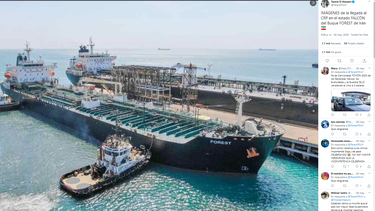 Imagen publicada por uno de los representantes del r&eacute;gimen Tareck El Aissami donde se observa uno de los buques petroleros iran&iacute;es en mayo.&nbsp;