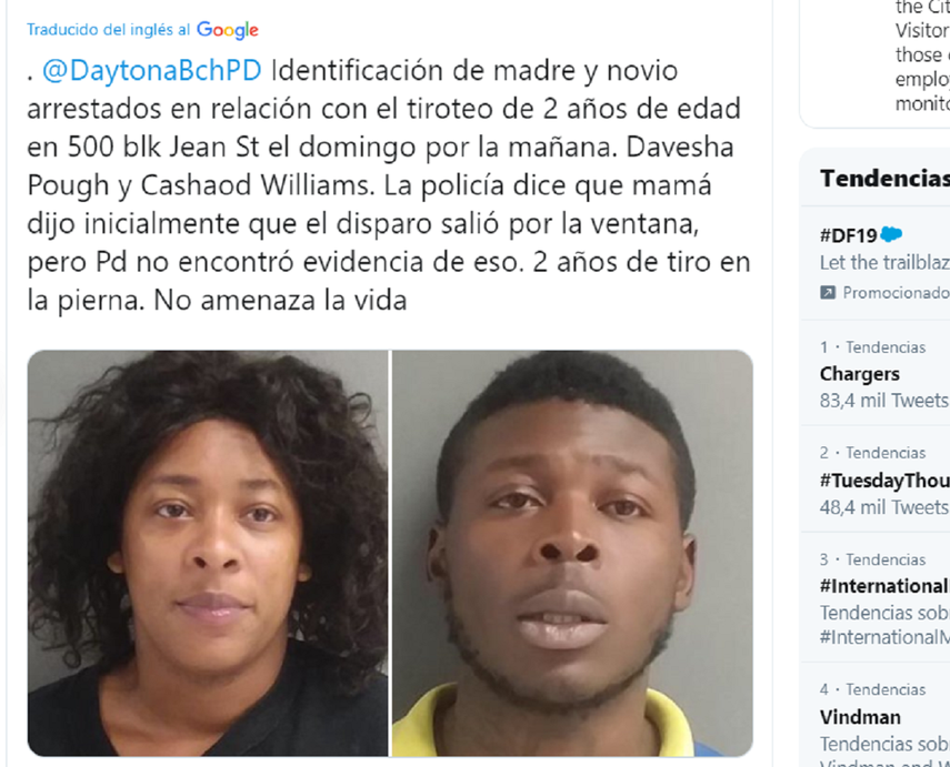 Davesha Pough y su novio Cashaod Williams son acusado de balear a la ni&ntilde;a de dos a&ntilde;os.&nbsp;