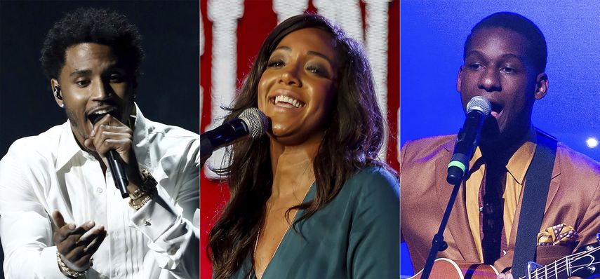 De izquierda a derecha, Trey Songz canta en los Premios BET en Los Angeles el 25 de junio de 2017, Mickey Guyton canta en la conferencia de American Masters de PBS sobre Patsy Clyne en Pasadena, California, el 15 de enero de 2017, y Leon Bridges canta en la gala de primavera del Teatro Apollo en Nueva York el 13 de junio de 2016.&nbsp;