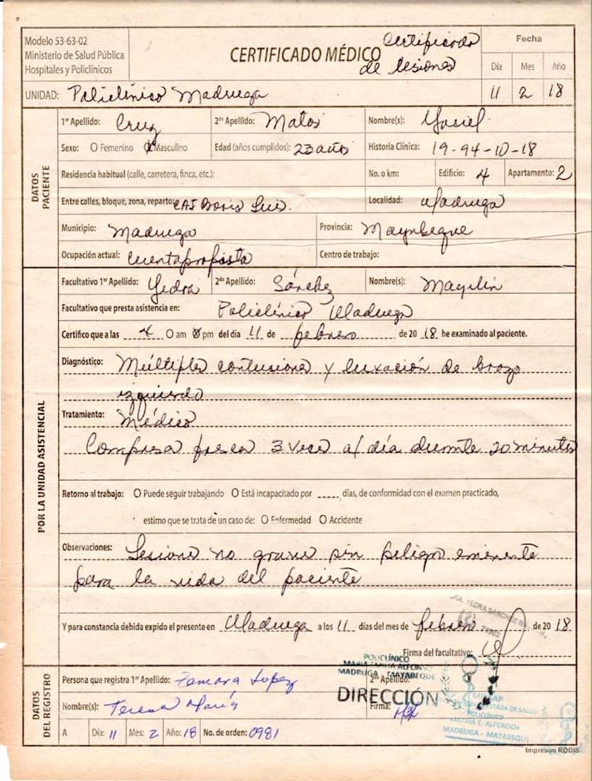 Certificado médico emitido en 2018 donde se documenta el estado de Yasiel Cruz tras una golpiza.&nbsp;