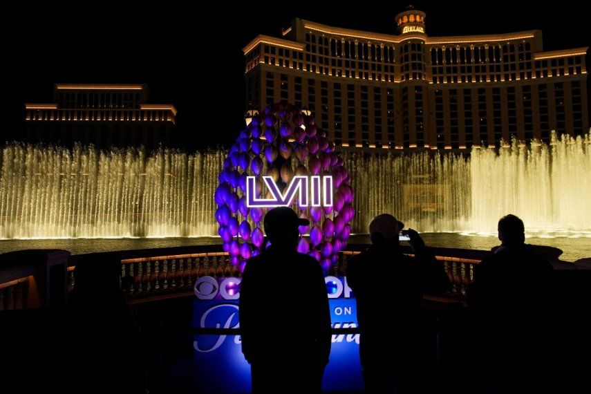 El logo del Super Bowl frente a la fuente del Bellagio en el Strip de Las Vegas, el miércoles 7 de febrero de 2024, en Las Vegas.&nbsp;