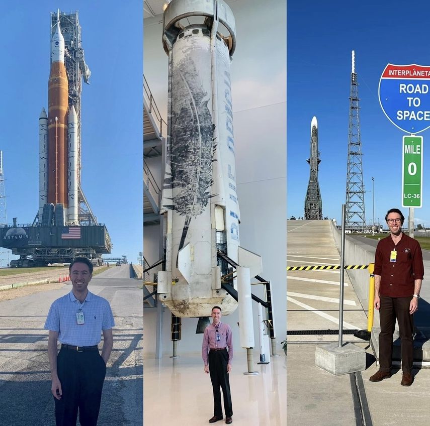 Jason Manuel Quiroga junto a los tres cohetes en los que ha trabajado: el NASA SLS rocket para Artemis Mission, el cual despegó en 2022; el New Shepard de Blue Origin en 2023; y el New Glenn rocket de Blue Origin, que despegó en enero 2025.     
