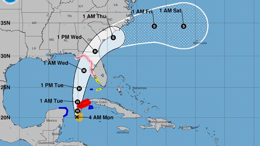 Proyección de la tormenta Idalia en las primeras horas del lunes 28 de agosto de 2023.