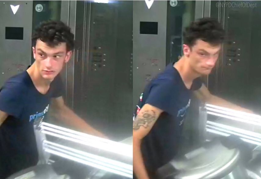 La foto distribuida por la policía de Nueva York muestra a una persona buscada por la colocación de objetos sospechosos en la estación del metro Fulton Street en Manhattan, 16 de agosto de 2019. El sospechoso fue arrestado el sábado 17 de agosto de 2019, informó la policía.&nbsp;