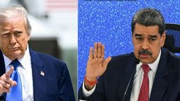Esta combinación de imágenes de archivo, creada el 20 de septiembre de 2025, muestra al presidente estadounidense Donald Trump (izq.) haciendo un gesto mientras se dirige a abordar el Air Force One en la Base Conjunta Andrews, Maryland, el 12 de mayo de 2025; y al dictador de Venezuela, Nicolás Maduro, hablando durante una conferencia de prensa con medios internacionales en el Hotel Eurobuilding de Caracas, el 15 de septiembre de 2025.