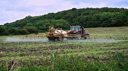 Tractor realiza riego de fertilizantes en campos de siembra.