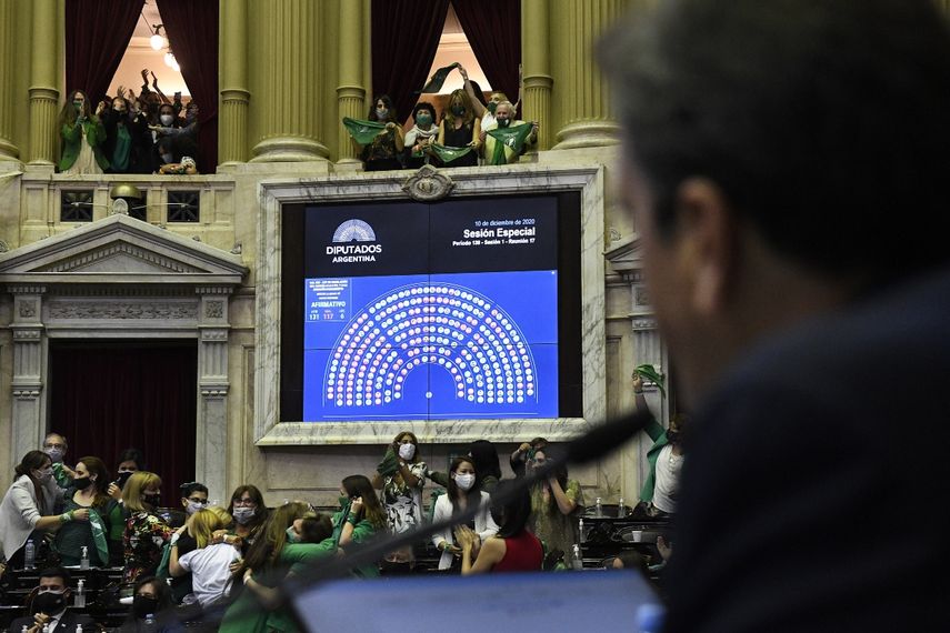 Esta fotografía del folleto tomada y divulgada el 11 de diciembre de 2020 por la oficina de prensa de la Cámara de Diputados de Argentina muestra un tablero electrónico después de que los legisladores votaran a favor del proyecto de ley de legalización del aborto en Buenos Aires, y que será tratado por el Senado la próxima semana.