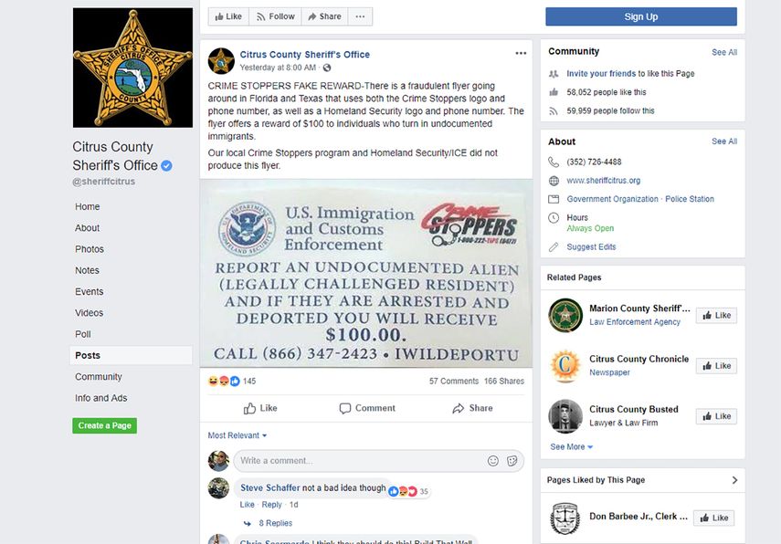 Esta imagen recoge el anuncio del sheriff de Citrus County en Facebook.