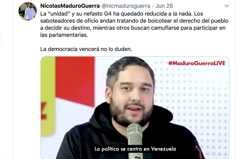 Nicolás Maduro Guerra, en uno de los videos publicados en su cuenta de Twitter. 