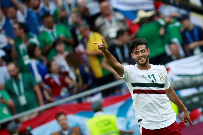 &nbsp;El delantero mexicano Vela celebra tras marcar el 0-1 durante el partido Corea Sur-México, del Grupo F del Mundial de Fútbol de Rusia 2018, en el Rostov Arena de Rostov del Don, Rusia.&nbsp;