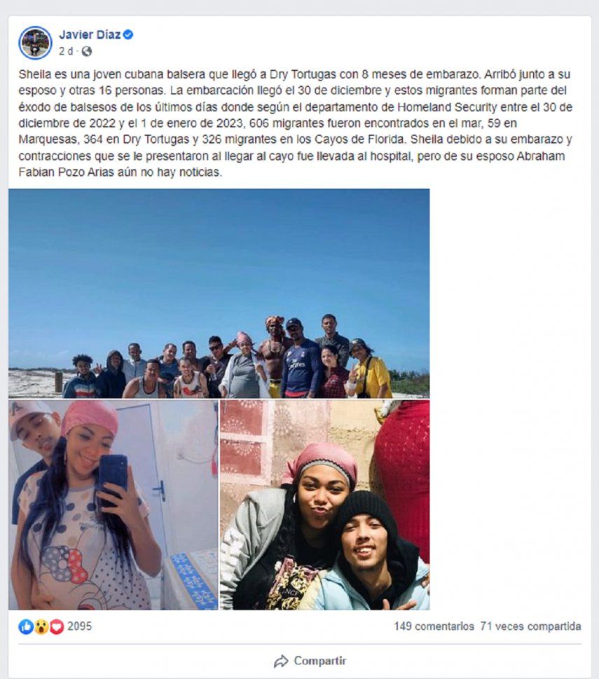 Publicación en Facebook de Javier Díaz donde&nbsp; muestra al grupo en el que llegó la mujer embarazada.&nbsp;