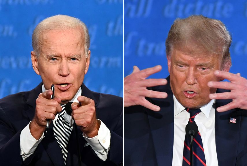 Esta combinaci&oacute;n de im&aacute;genes creadas el 29 de septiembre de 2020 muestra al candidato presidencial dem&oacute;crata y exvicepresidente estadounidense Joe Biden (izq.), y al presidente estadounidense Donald Trump hablando durante el primer debate presidencial en la Case Western Reserve University y la Cleveland Clinic en Cleveland, Ohio, en septiembre. 29, 2020.&nbsp;