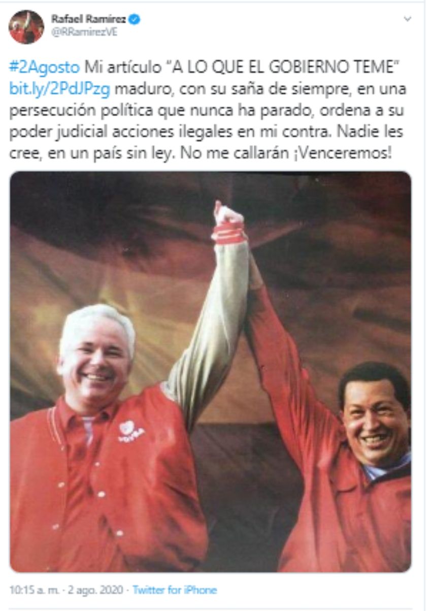 Mensaje publicado por Rafael Ramirez en su cuenta de Twitter el pasado 2 de agosto de 2020.&nbsp;