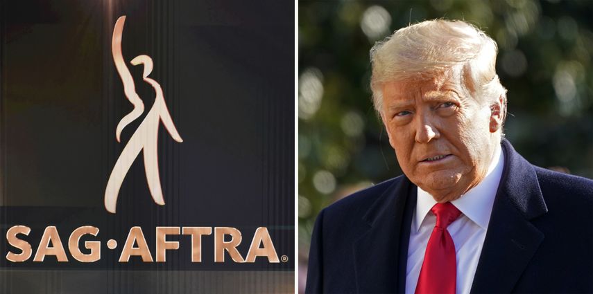 En esta combinación de fotos, el logotipo de SAG-AFTRA en una pantalla durante la ceremonia de los Premios SAG el 18 de enero de 2020 en Los Angeles, y presidente Donald Trump el 12 de enero de 2021 en la Casa Blanca, en Washington.&nbsp;