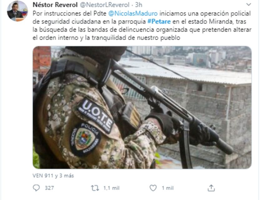 Mensaje difundido en las redes sociales por Nestor Reverol. Ministro de Relaciones Interiores, Justicia y Paz.