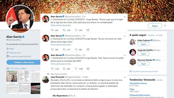 Mensajes publicados el 23 de abril de 2019 en la cuenta de Twitter del fallecido expresidente de Perú, Alan García.