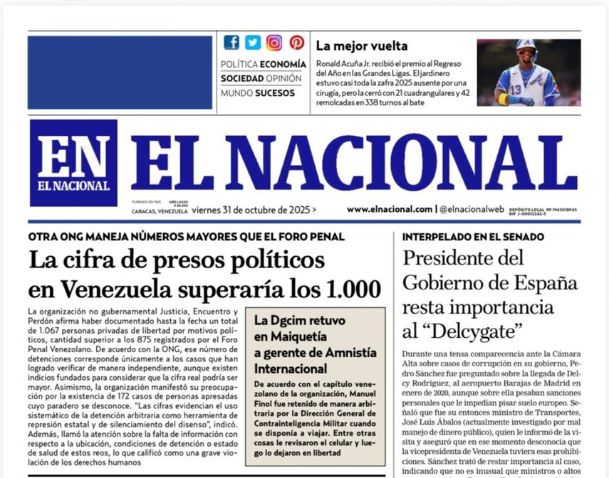 Primera página de El Nacional este 31 de octubre de 2025.&nbsp;