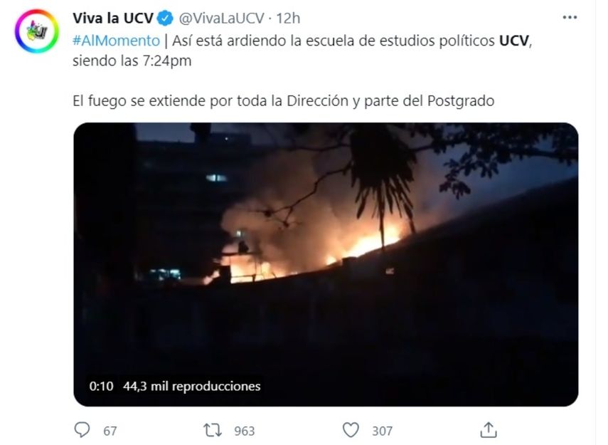 Captura de pantalla. Mensaje difundido por la organización estudiantil, Viva la UCV, en su cuenta de Twitter, sobre el incendio ocurrido.&nbsp;