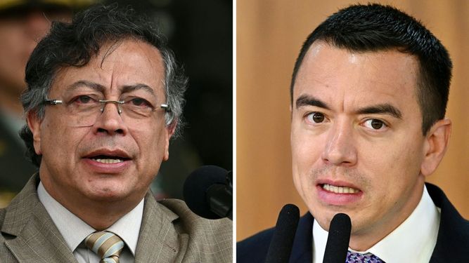 Esta combinación de imágenes de archivo, creada el 28 de enero de 2026, muestra (izq.) El presidente de Colombia, Gustavo Petro, pronunciando un discurso durante la conmemoración del 134.º aniversario de la Policía Nacional y la promoción de oficiales en la Academia General Santander de Policía en Bogotá, el 13 de noviembre de 2025, y al presidente de Ecuador, Daniel Noboa, hablando durante una rueda de prensa junto al presidente de Brasil, Luiz Inácio Lula da Silva (fuera de cuadro), en el Palacio de Planalto en Brasilia, el 18 de agosto de 2025.&nbsp;