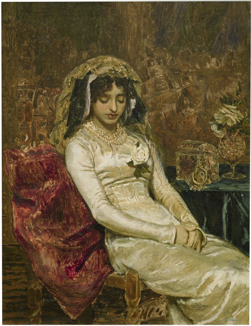 Antes de la boda, Antonio Muñoz Degrain. Óleo sobre lienzo, 120 x 95 cm 1882. Madrid, Museo Nacional del Prado, adquirido en 1884.&nbsp;