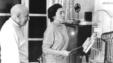 Bajo la mirada de Pablo Picasso, Jacqueline Picasso se divierte con los pájaros en su villa de Mougins.