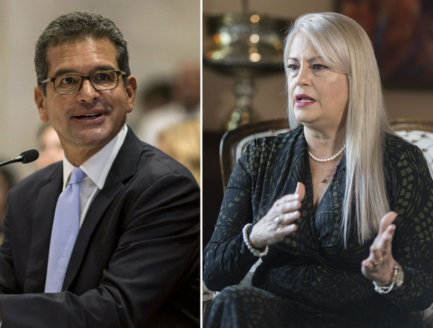 Esta combinaci&oacute;n de dos fotos muestra a Pedro Pierluisi y Wanda V&aacute;zquez, en San Juan, Puerto Rico. El secretario de Estado y la gobernadora compiten en la primarias del domingo 9 de agosto del 2020, en la isla.