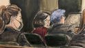 En este dibujo de corte Ghislaine Maxwell centro, charla con su abogado defensor Jeffrey Pagliuca, derecha, previo a que se presentaran los testimonios en su juicio por tráfico y abuso sexual en Nueva York el 8 de diciembre de 2021. 