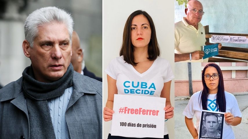 Fotograf&iacute;a del designado gobernante cubano, Miguel D&iacute;az-Canel, junto a varias de las fotos de la campa&ntilde;a #FreeFerrer impulsada por el movimiento Cuba Decice, liderado por Rosa Mar&iacute;a Pay&aacute;.