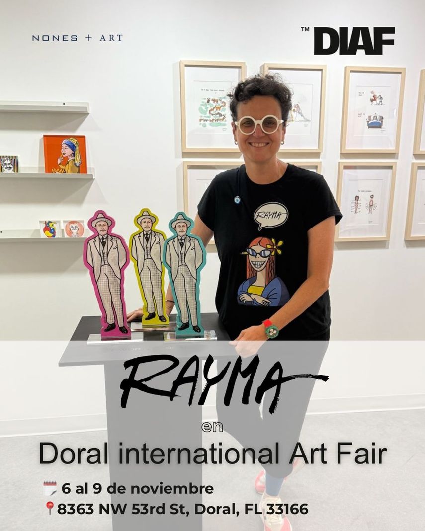 Muestra de la caricaturista venezolana Rayma en la tercera edición de la Feria Internacional de Arte de Doral. 