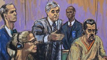 Dibujo realizado por la artista Jane Rosenberg donde aparece el depuesto dicctador de Venezuela, Nicolás Maduro (derecha), junto a su esposa Cilia Flores (izquierda), y sus abogados Mark Donnelly y Barry pollack , durante su comparecencia ante un tribunal federal en Nueva York.