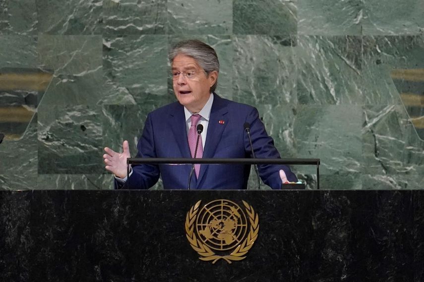 El presidente de Ecuador Guillermo Lasso habla ante la Asamblea General de la ONU el miércoles 21 de septiembre del 2022.