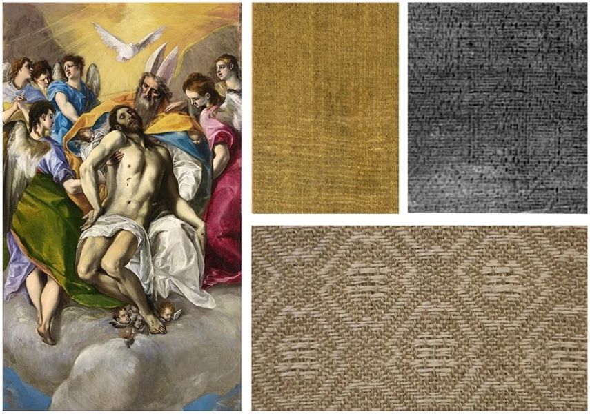Obra La Trinidad de El Greco. Detalles del lienzo de reentelado y del tejido original.